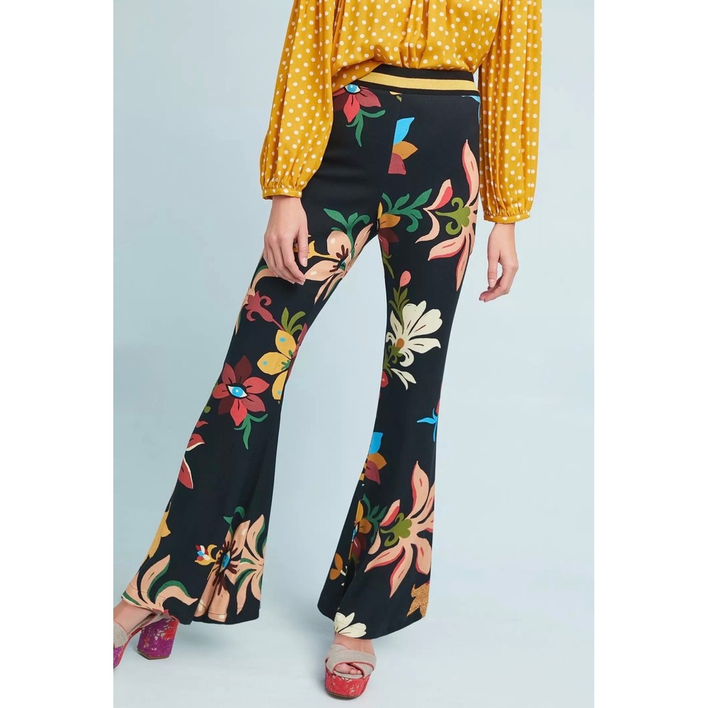 Farm Rio Floral Flare Pants Womens XS Black Tropical Wide Leg - Picture 14 of 15